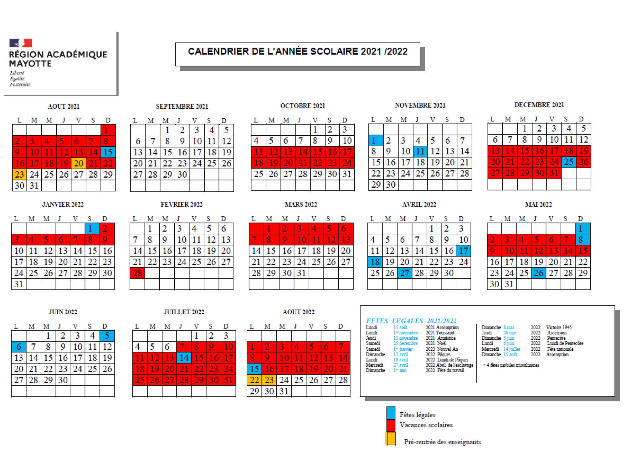 Calendriers scolaires | Académie de Mayotte