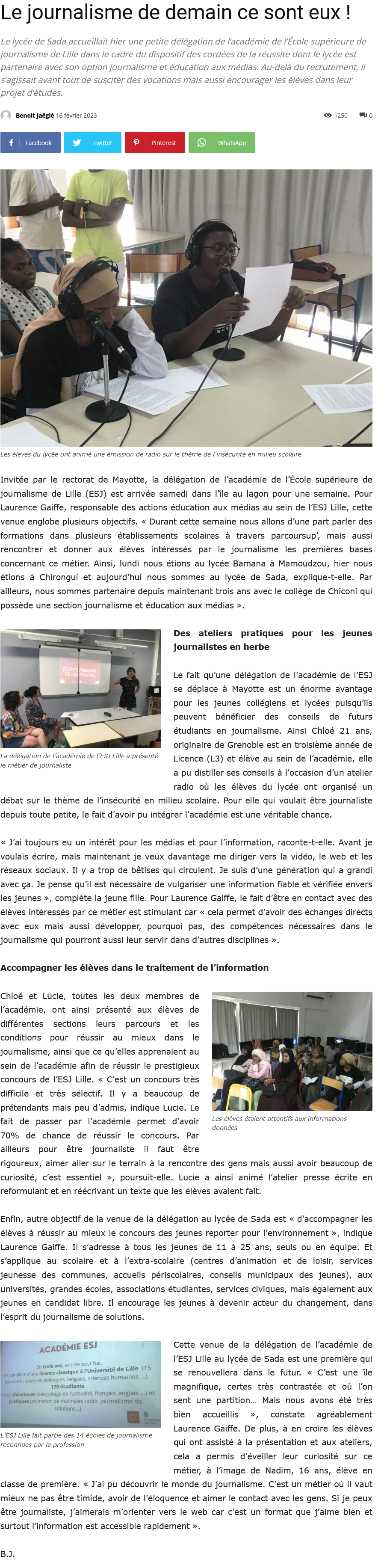 Copie d'écran de l'article du journal de Mayotte