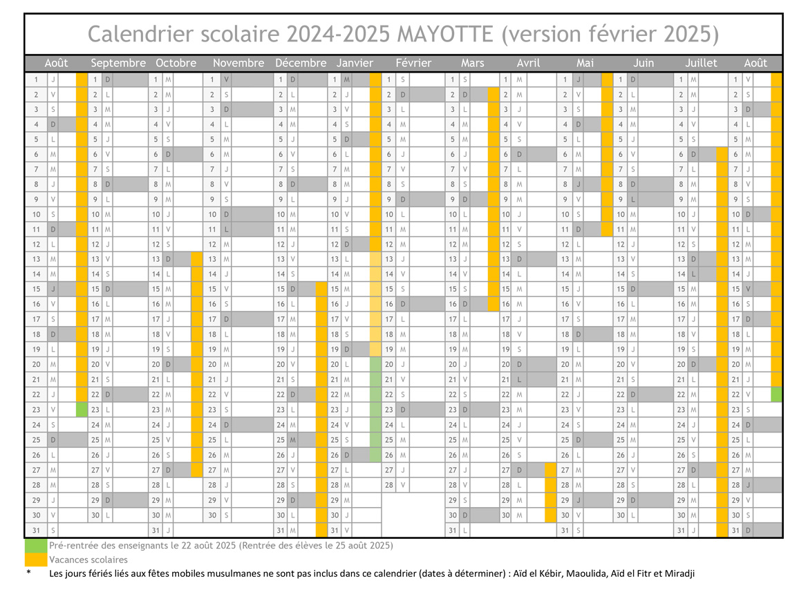 Calendrier scolaire 2024-2025 MAYOTTE (version février 2025)