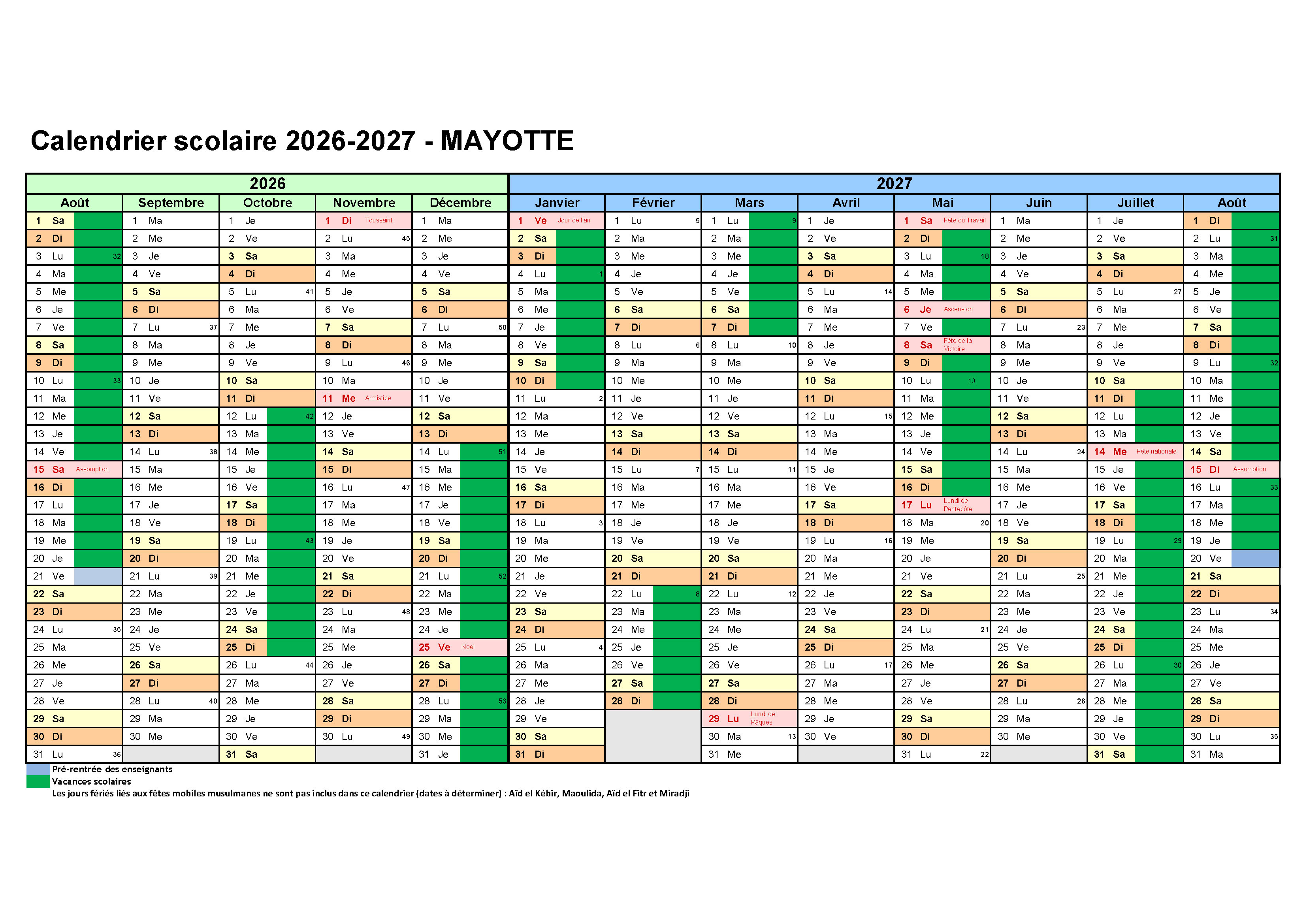 Calendrier scolaire 2026-2027 - Mayotte