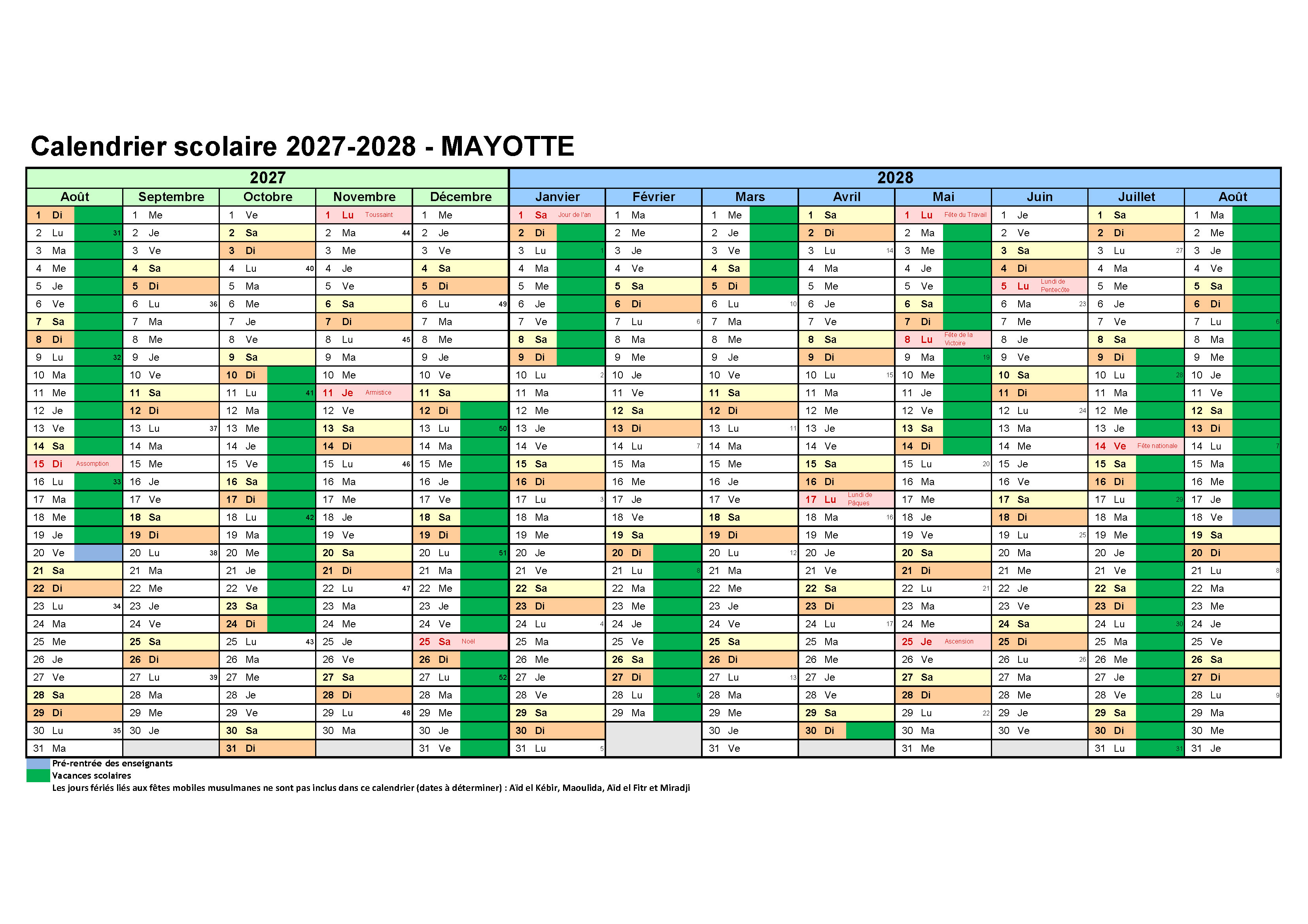 Calendrier scolaire 2027-2028 - Mayotte
