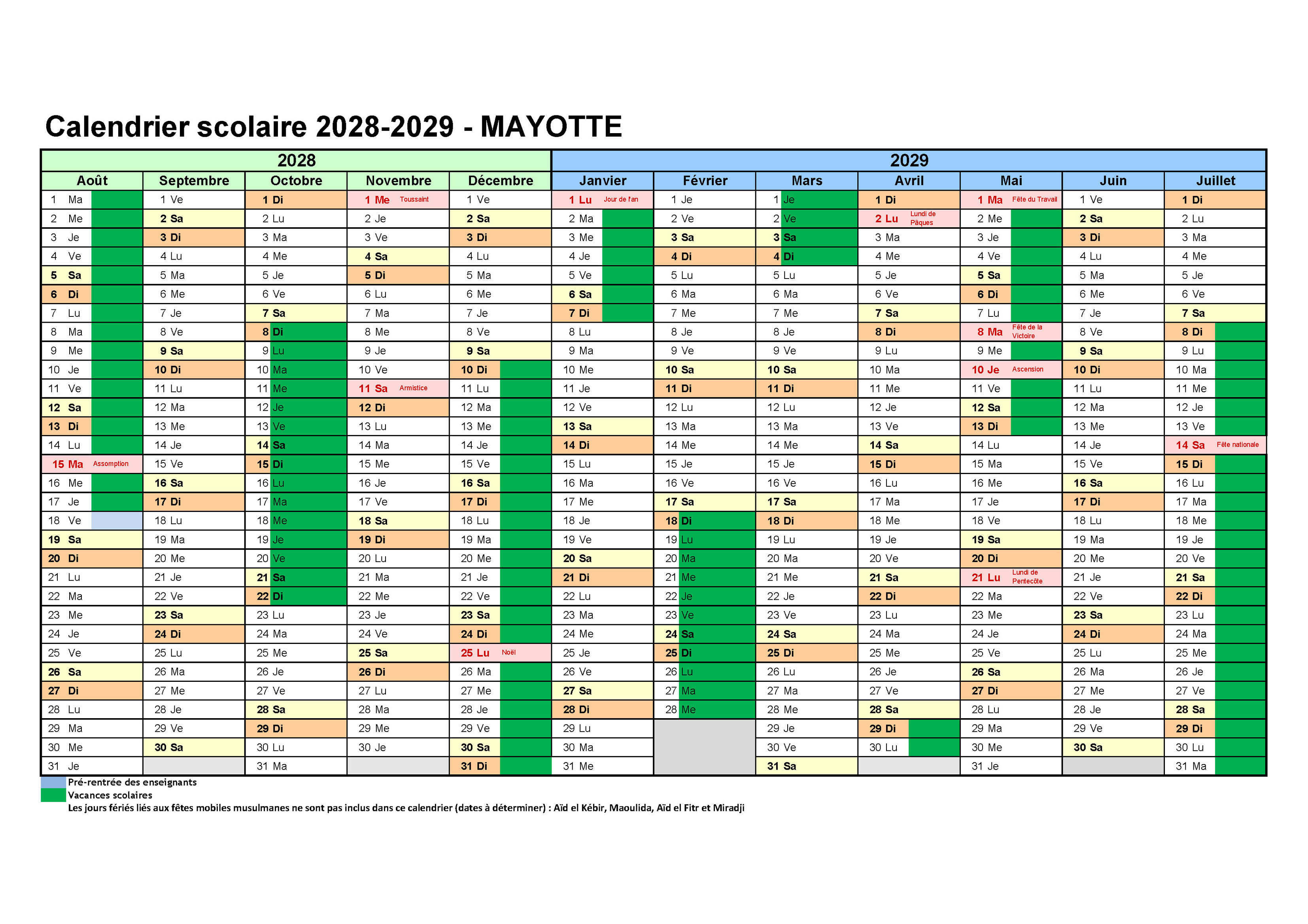 Calendrier scolaire 2028-2029 - Mayotte