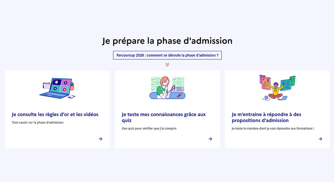 Trois encadrés illustrés présentant la préparation à la phase d’admission Parcoursup : consulter les règles, tester ses connaissances avec des quiz et s’entraîner à répondre aux propositions.